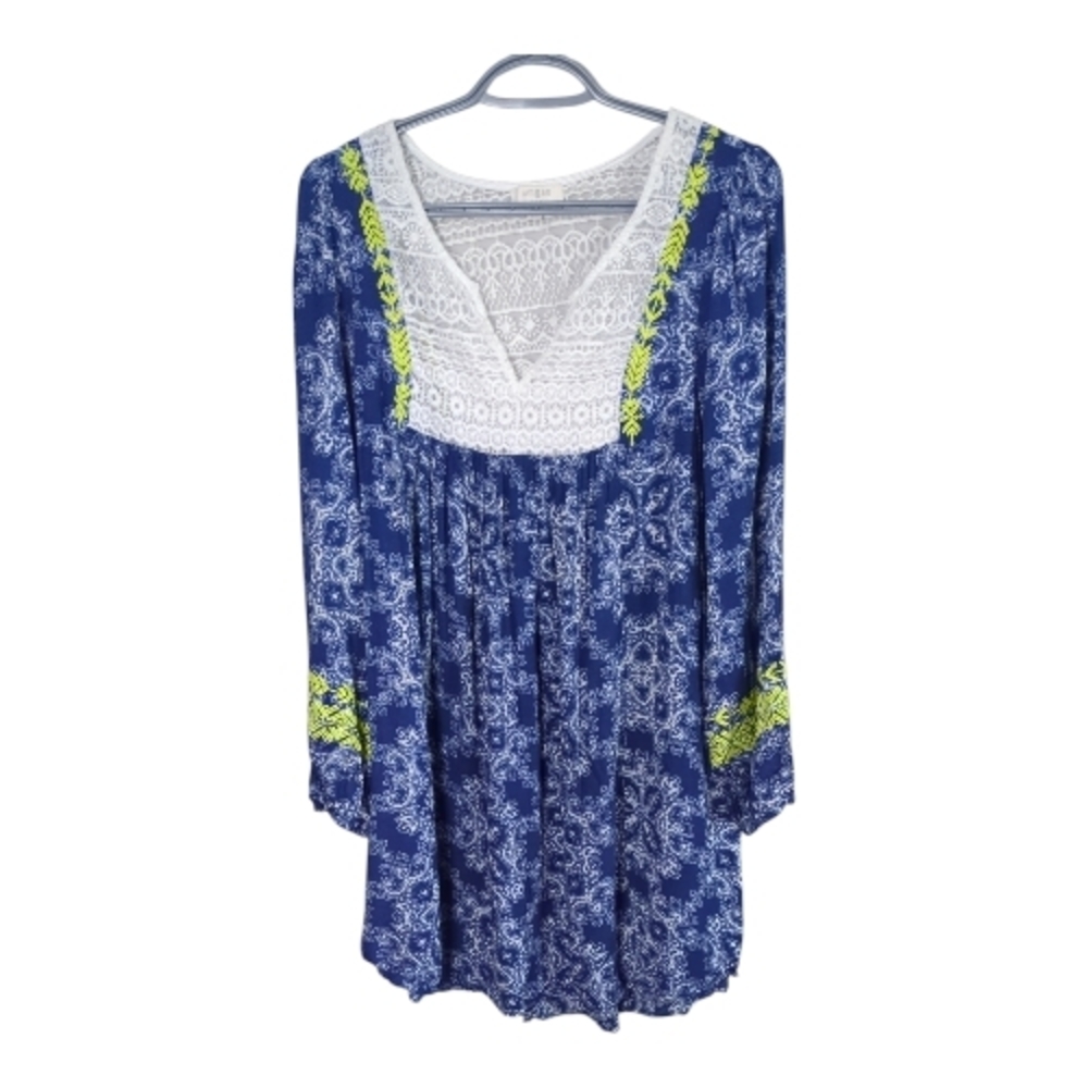 Umgee Lace Bib Print Dress Tunic Embroidered/Paisley‎ Print Size Large